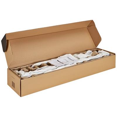 Een lange, geopende verzendkarton bevat verpakte voorwerpen en een vel papier met instructies.