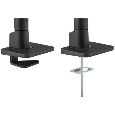 Twee zwarte tafelbevestigingen: links een klembevestiging, rechts een schroefbevestiging. Worden gebruikt voor montage aan tafels.