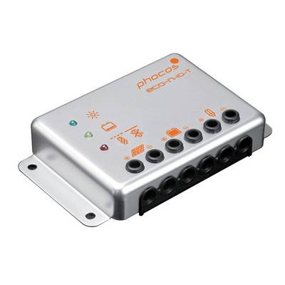 Laadregelaar met zes aansluitklemmen, twee LED-indicatoren en symbolen voor zonne-installatie en batterij op de bovenkant.