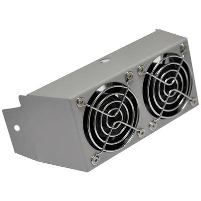 Een rechthoekige computerfan met twee ronde ventilatierooster, bevestigd aan een grijs metalen behuizing.