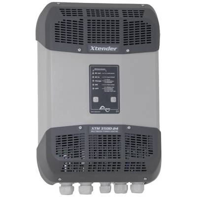 Een grijze omvormer Xtender XTM 3500-24 met ventilatieopeningen en aansluitingen onderaan, met bedrijfsstatus-LED's op de voorzijde.