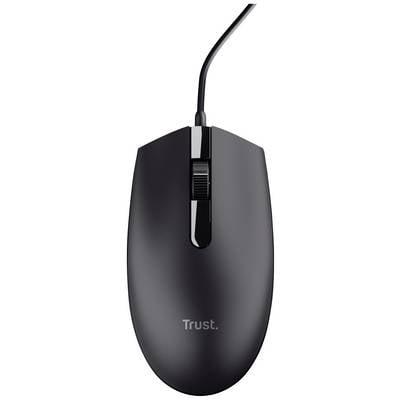 Zwarte bedrade Trust-computermuis met twee knoppen en een scrollwiel in het midden.