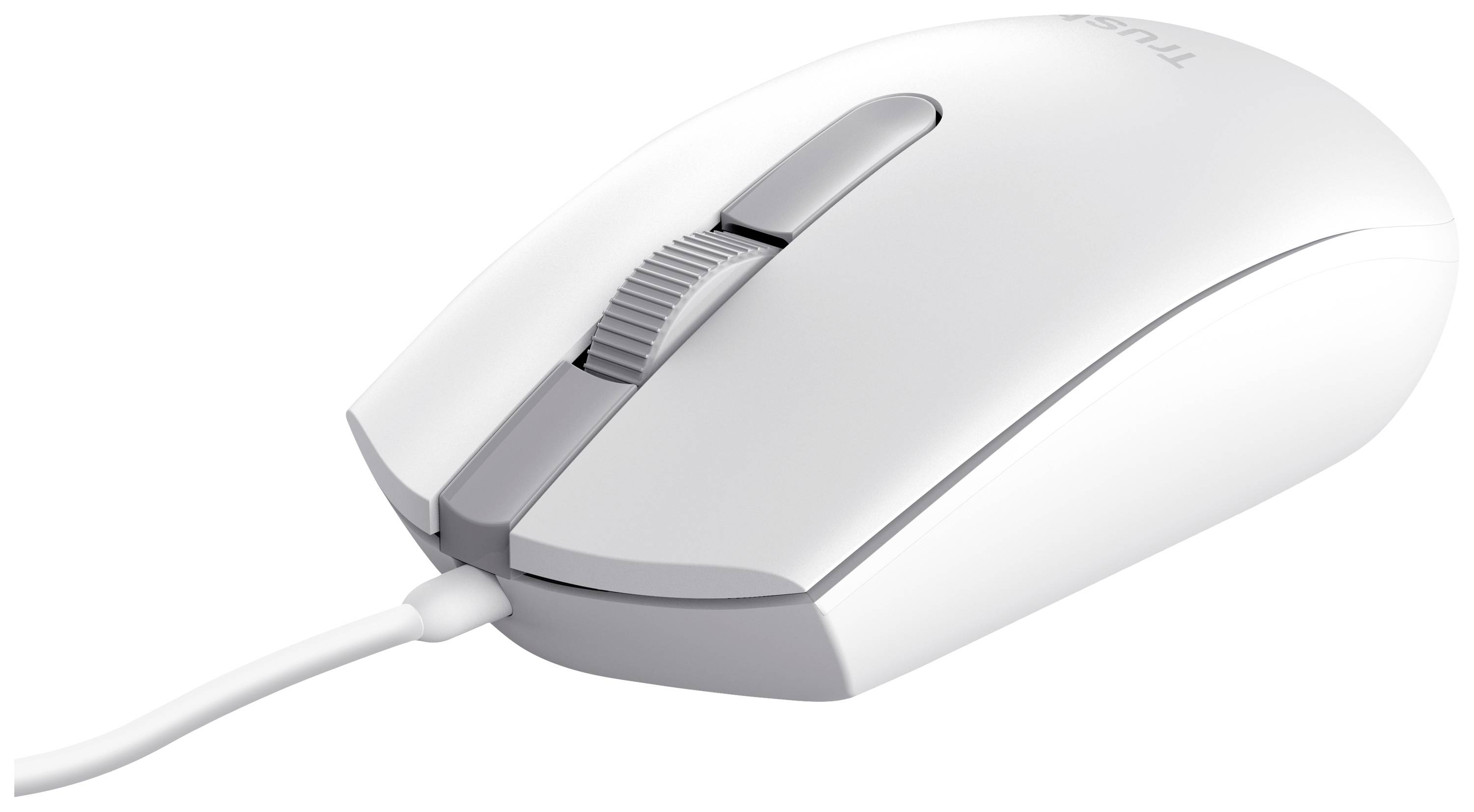 Witte computermuis met scrollwiel en twee knoppen, gezien van opzij. Kabel aan de voorkant aangesloten.