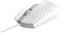 Witte computermuis met scrollwiel en twee knoppen, gezien van opzij. Kabel aan de voorkant aangesloten.