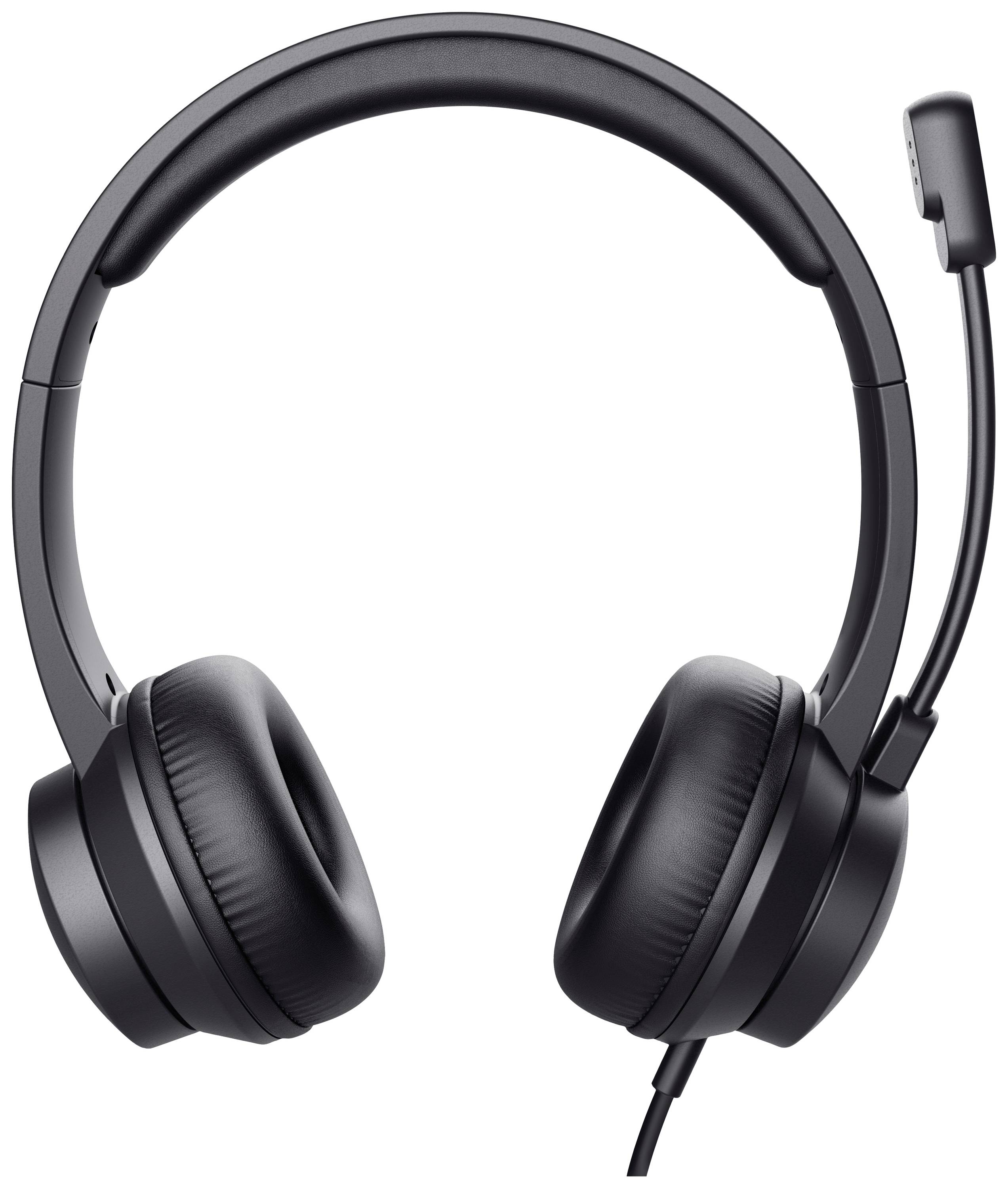 Zwarte over-ear koptelefoon met beugelmicrofoon, geschikt voor comfortabele communicatie en muziekbeluistering, isoleert omgevingsgeluiden.