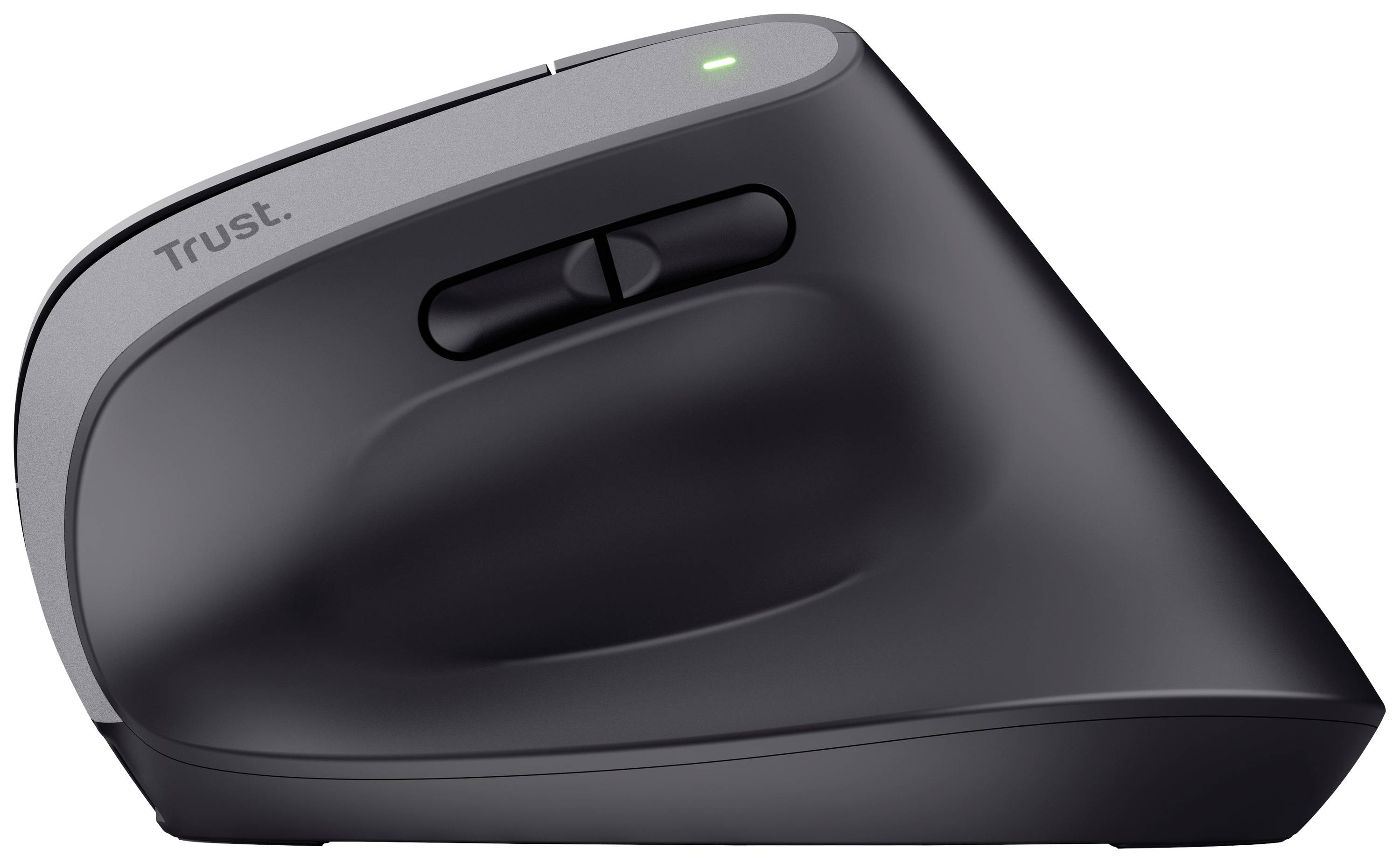 Verticale ergonomische muis, zwart, met twee knoppen en een scrollwiel aan de zijkant. Ontworpen voor een comfortabele handgreep.