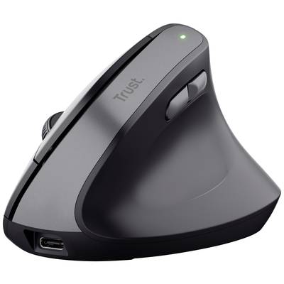 Zwarte verticale ergonomische muis met een verlicht groen punt op de bovenkant, USB-aansluiting en twee functietoetsen.