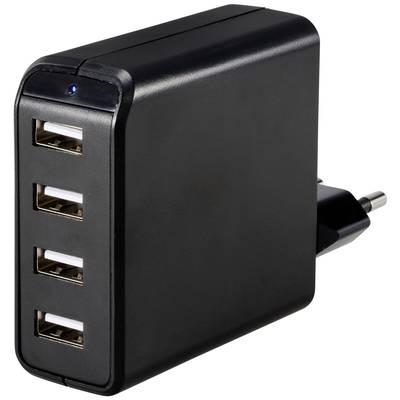 Zwart USB-oplaadstation met vier USB-poorten en stekkerstekker, geschikt voor het gelijktijdig opladen van meerdere apparaten.