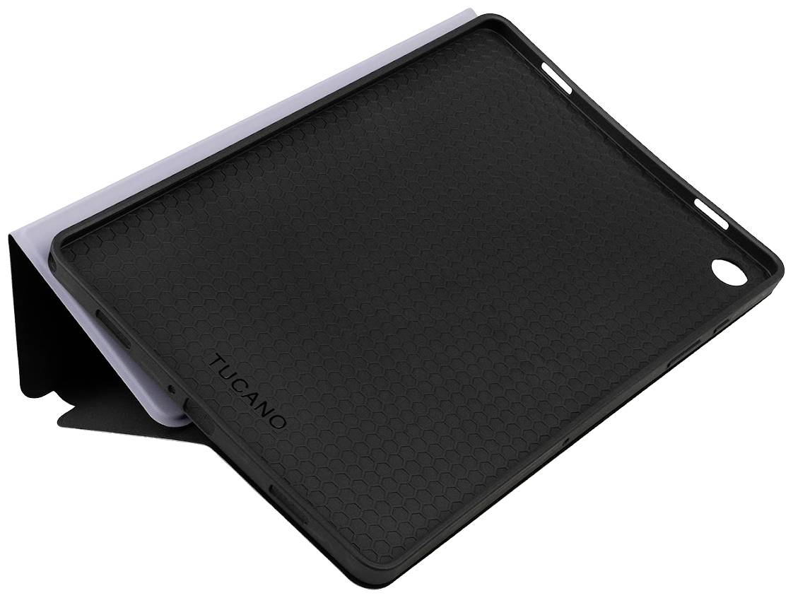 Zwart, zeshoekig tablet-hoesje met het opschrift 'Tucano', licht schuin weergegeven.