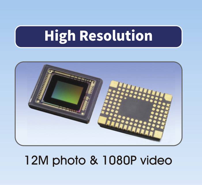 De sensorchip heeft de opdruk 'High Resolution' en biedt foto's van 12 megapixel en video-opnamen in 1080P.