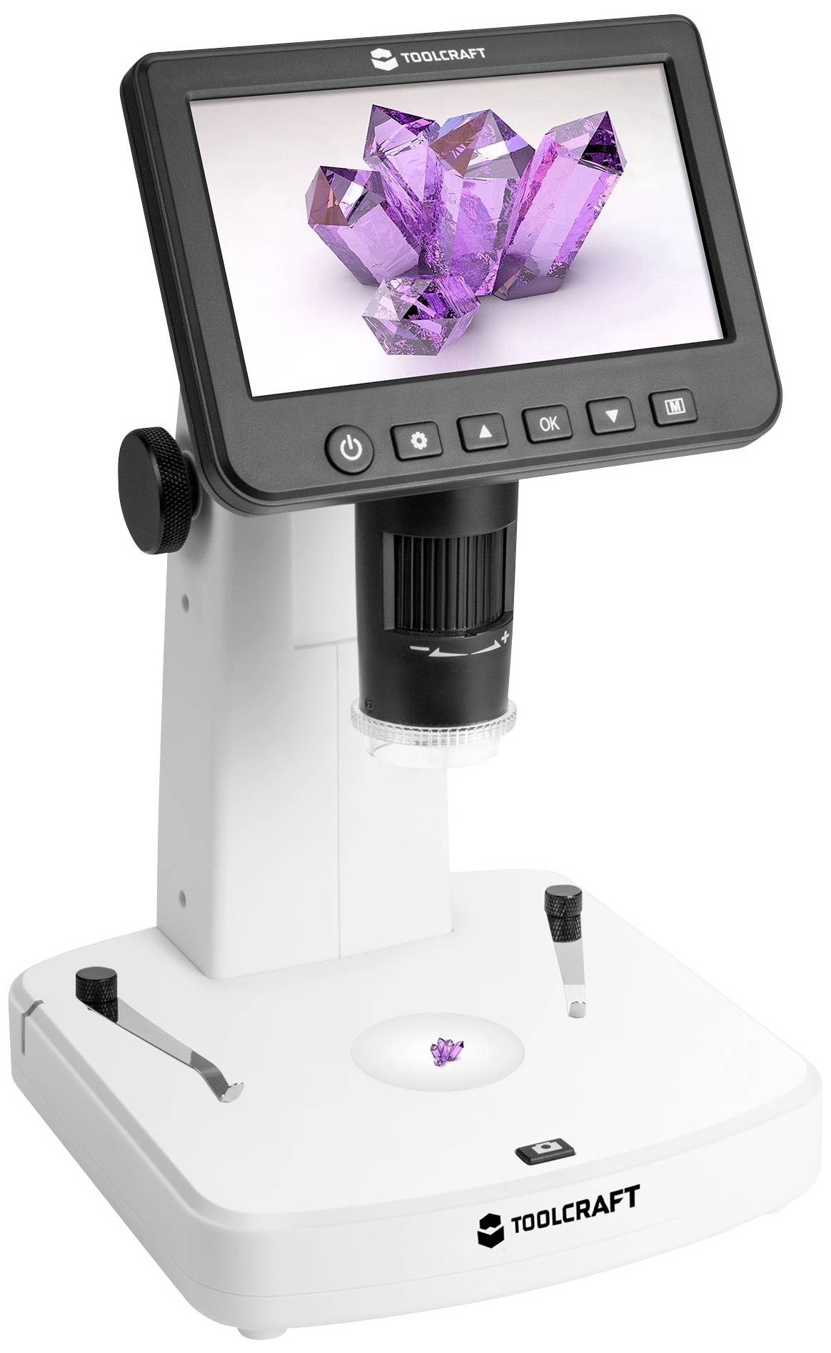 Digitale microscoop met scherm toont een afbeelding van paarse kristallen. Het apparaat heeft bedieningsknoppen en een witte voet.