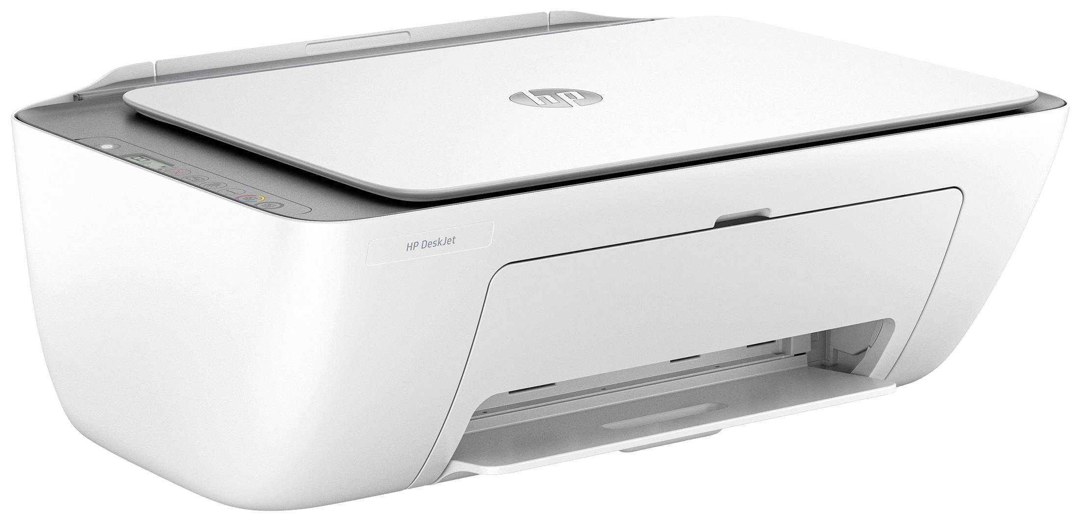 Een witte multifunctionele printer op een tafel. De printer heeft knoppen aan de linkerkant en een papieruitvoerlade aan de voorkant.