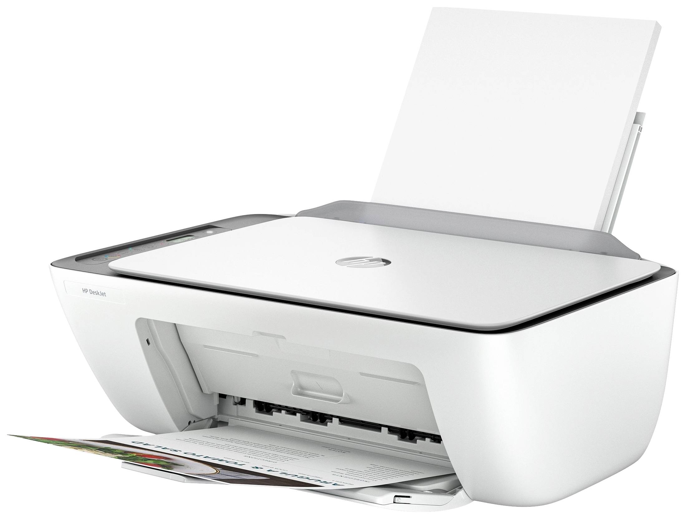 Een witte inkjetprinter met een vel papier in de uitvoerlade; er wordt momenteel een document afgedrukt.