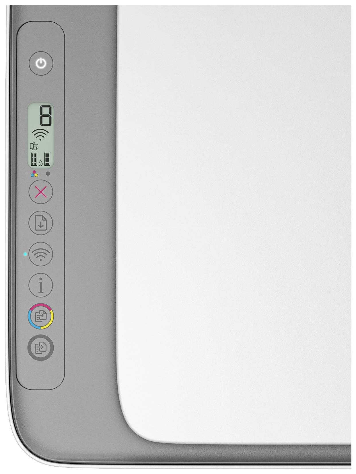 Een printerbedieningspaneel met display toont de status 'Gereed' en verbindingssymbolen. Toetsen voor Aan/Uit, Annuleren, WLAN en Kopiëren.