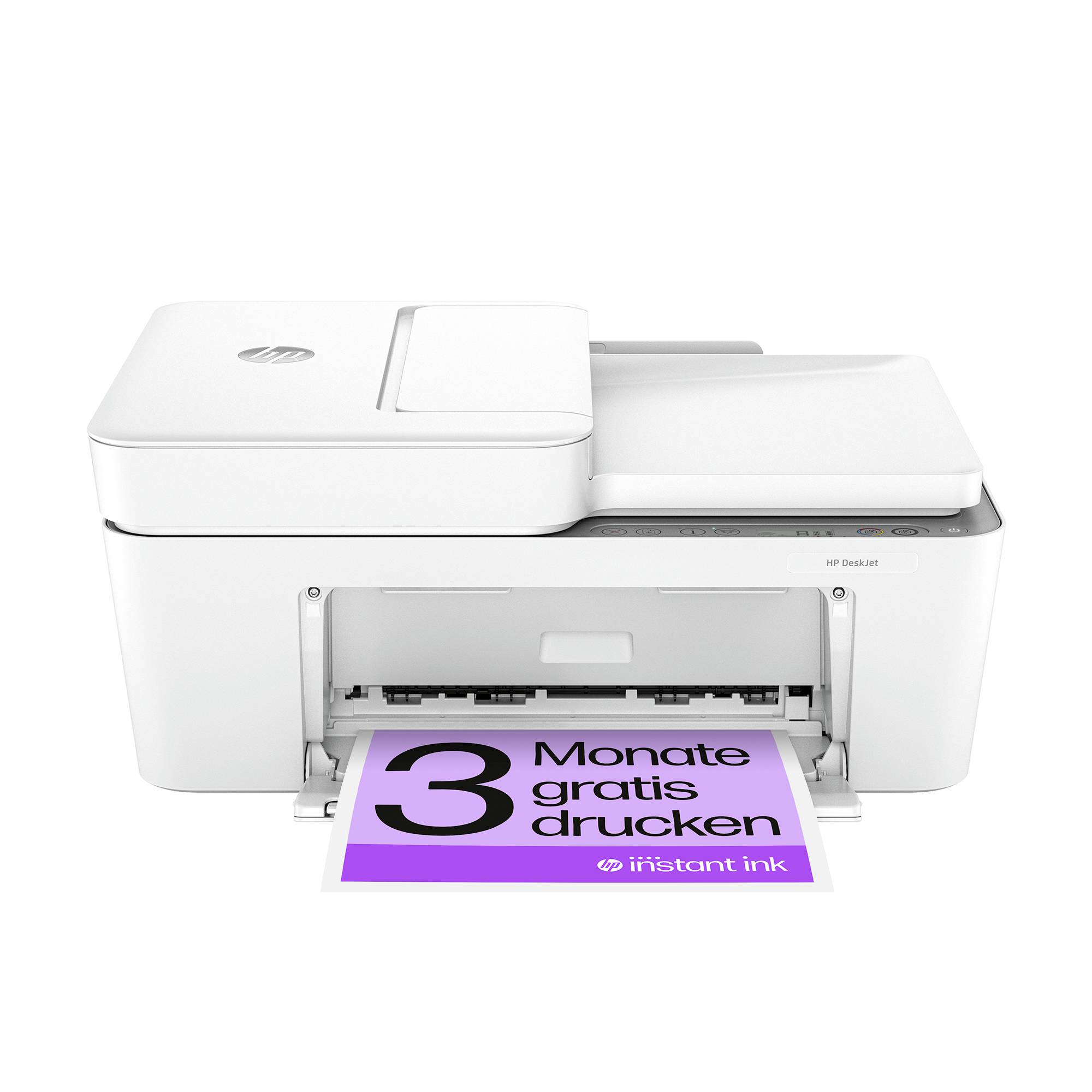 Een witte printer die een paars vel print met de tekst '3 maanden gratis printen', waarbij het HP-logo zichtbaar is.