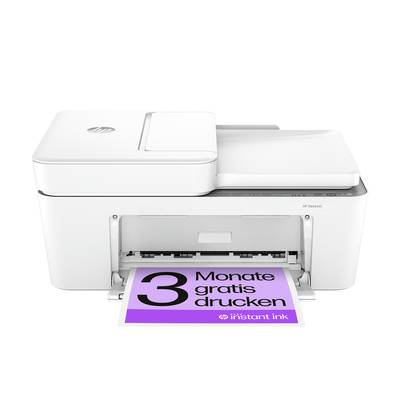 Een witte printer die een paars vel print met de tekst '3 maanden gratis printen', waarbij het HP-logo zichtbaar is.