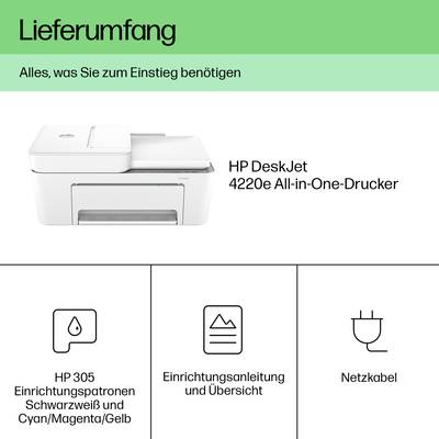 Leveringsomvang: HP DeskJet 4120e All-in-One-printer, HP 305 inktpatronen, installatiedocumentatie, netsnoer. Alles wat u nodig hebt om te beginnen.