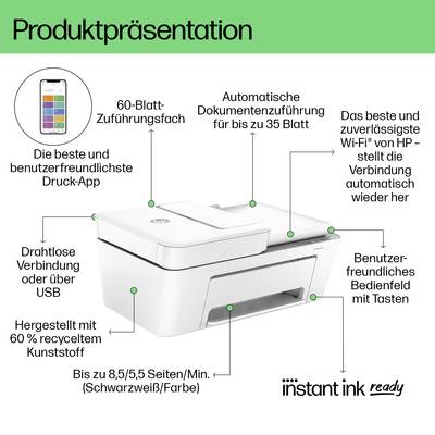 Een multifunctionele printer met een 60-vel lade en automatische documentinvoer. Ondersteunt draadloos printen en Wi-Fi.