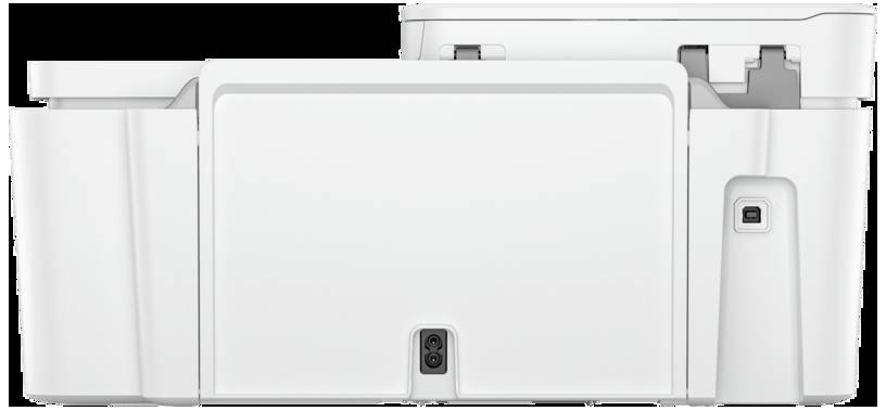 Een witte multifunctionele printer in zijaanzicht, met zichtbare invoer- en uitvoerladen. Knoppen en aansluitingen zijn herkenbaar.