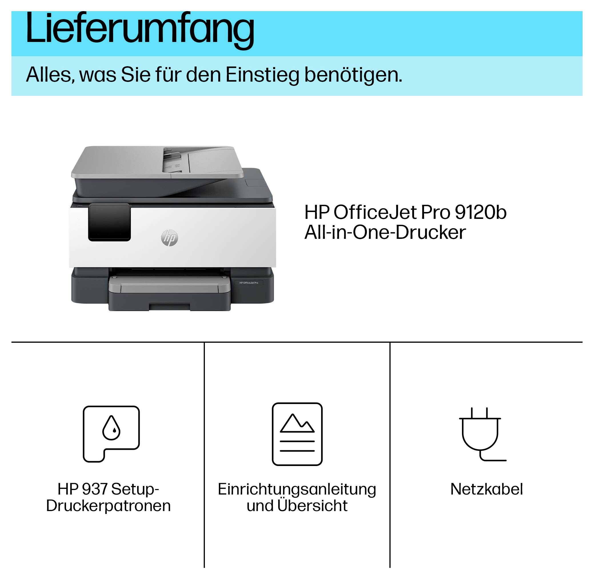 HP OfficeJet Pro 9120b all-in-one printer startersset met printer, HP 937 instellingscartridges, installatiegids en stroomkabel.