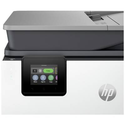 Een printer met een touchscreen-display dat opties weergeeft voor Kopiëren, Menu, Aanmelden, Terug en USB.