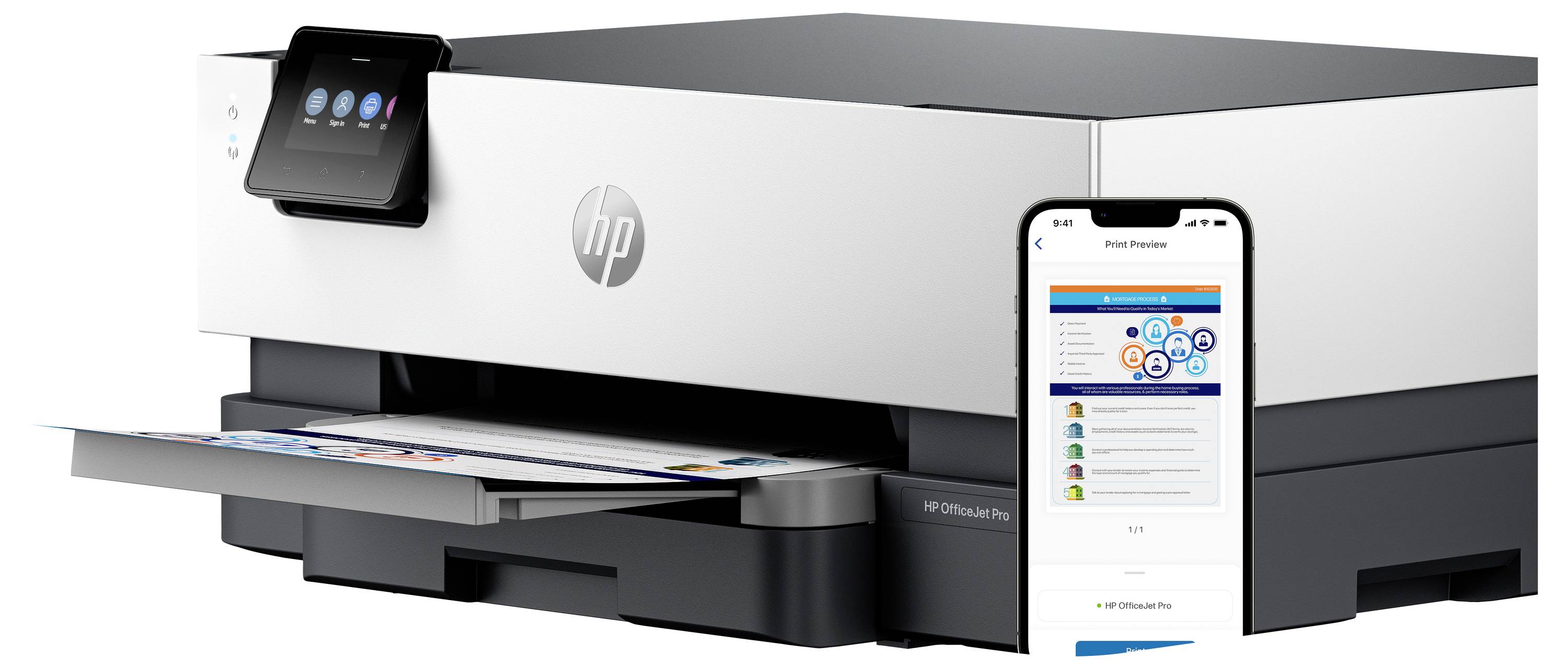HP alles-in-één printer met bedieningspaneel en smartphone met de printerapp-interface, met draadloze mobiele afdrukken instellen.