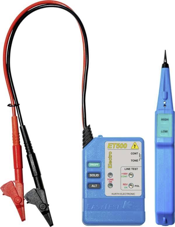 Een elektronisch testapparaat met een blauwe behuizing en een zwart display, twee kabels verbonden met rode en zwarte klemmen.