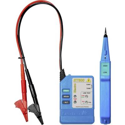 Een elektronisch testapparaat met een blauwe behuizing en een zwart display, twee kabels verbonden met rode en zwarte klemmen.