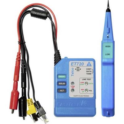 Een elektrisch testapparaat ET720 met gekleurde aansluitkabels en een blauw meetapparaat. Gebruikt voor leidingzoeken en signaaldetectie.