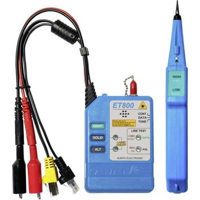 Een kabeltesterset bestaande uit een blauw hoofdapparaat met lcd-display en gekleurde knoppen, evenals verschillende testkabels en een meetsonde.