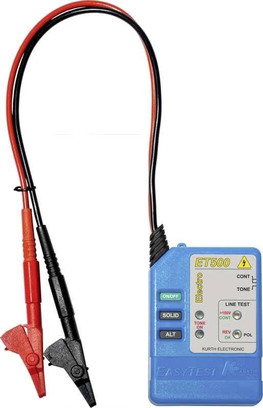 Elektronisch testapparaat ET500 met rode en zwarte klemmen, display toont verschillende testmodi. Gebruikt voor kabeldiagnoses.