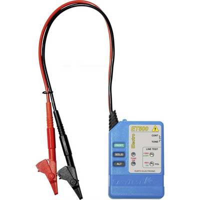 Elektronisch testapparaat ET500 met rode en zwarte klemmen, display toont verschillende testmodi. Gebruikt voor kabeldiagnoses.