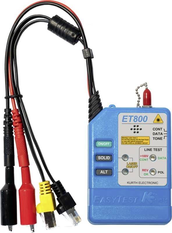 Een blauwe testapparatuur ET800 met meerdere kabels voor het controleren van signaalleidingen. Bevat knoppen en een klein display voor het weergeven van testresultaten.