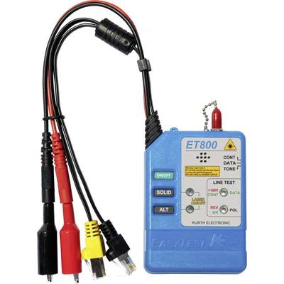 Een blauwe testapparatuur ET800 met meerdere kabels voor het controleren van signaalleidingen. Bevat knoppen en een klein display voor het weergeven van testresultaten.