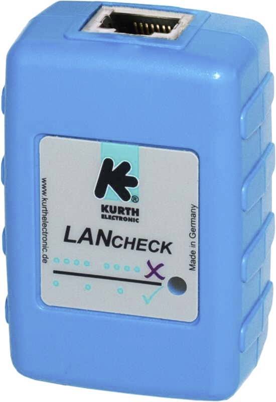 Blauw LAN-testapparaat met Kurth-logo, dat wordt gebruikt voor het controleren van netwerkverbindingen.