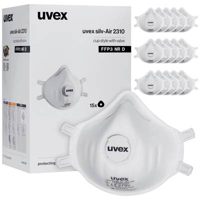 Een witte FFP3 ademhalingsmasker van uvex, model silv-Air 2310, getoond voor de verpakking die 15 maskers met ventiel toont.