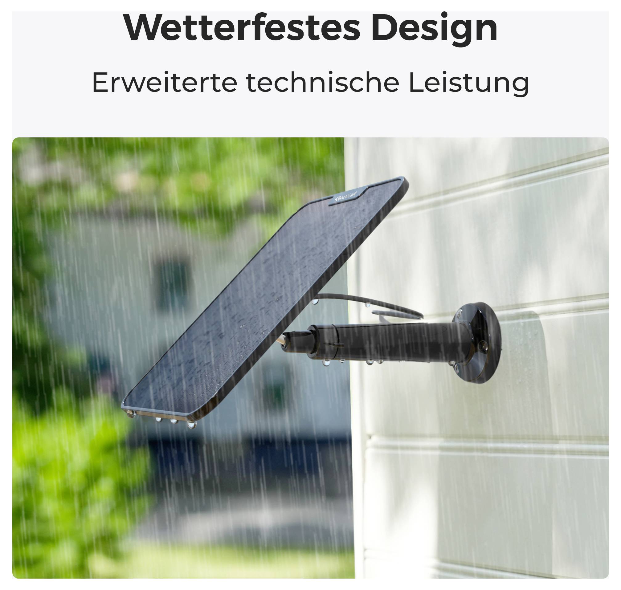 Een solarverlichting is bevestigd aan een muur in de regen. De tekst erboven luidt: 'Weersbestendig design. Uitgebreide technische prestaties.'