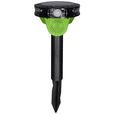 Een zonnecel-aangedreven dierenverjager met bewegingsmelder en staaf om in de grond te bevestigen.