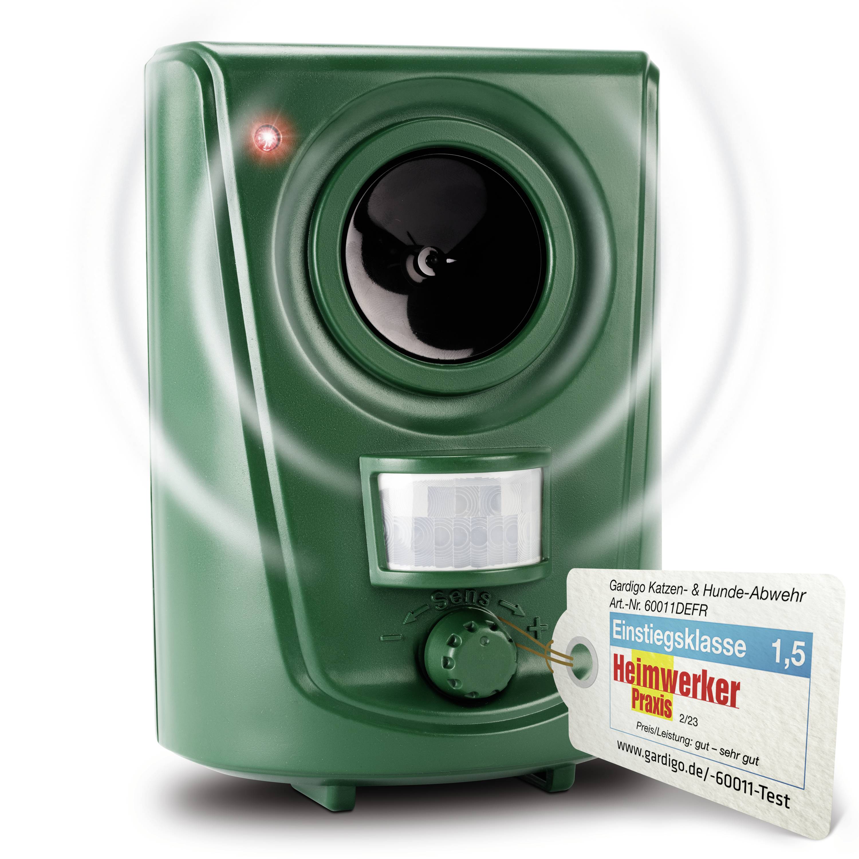 Een groen elektronisch afweertoestel met ultrasone functie en een sensor aan de voorkant, bekroond met 'Heimwerker Praxis 1,5'.