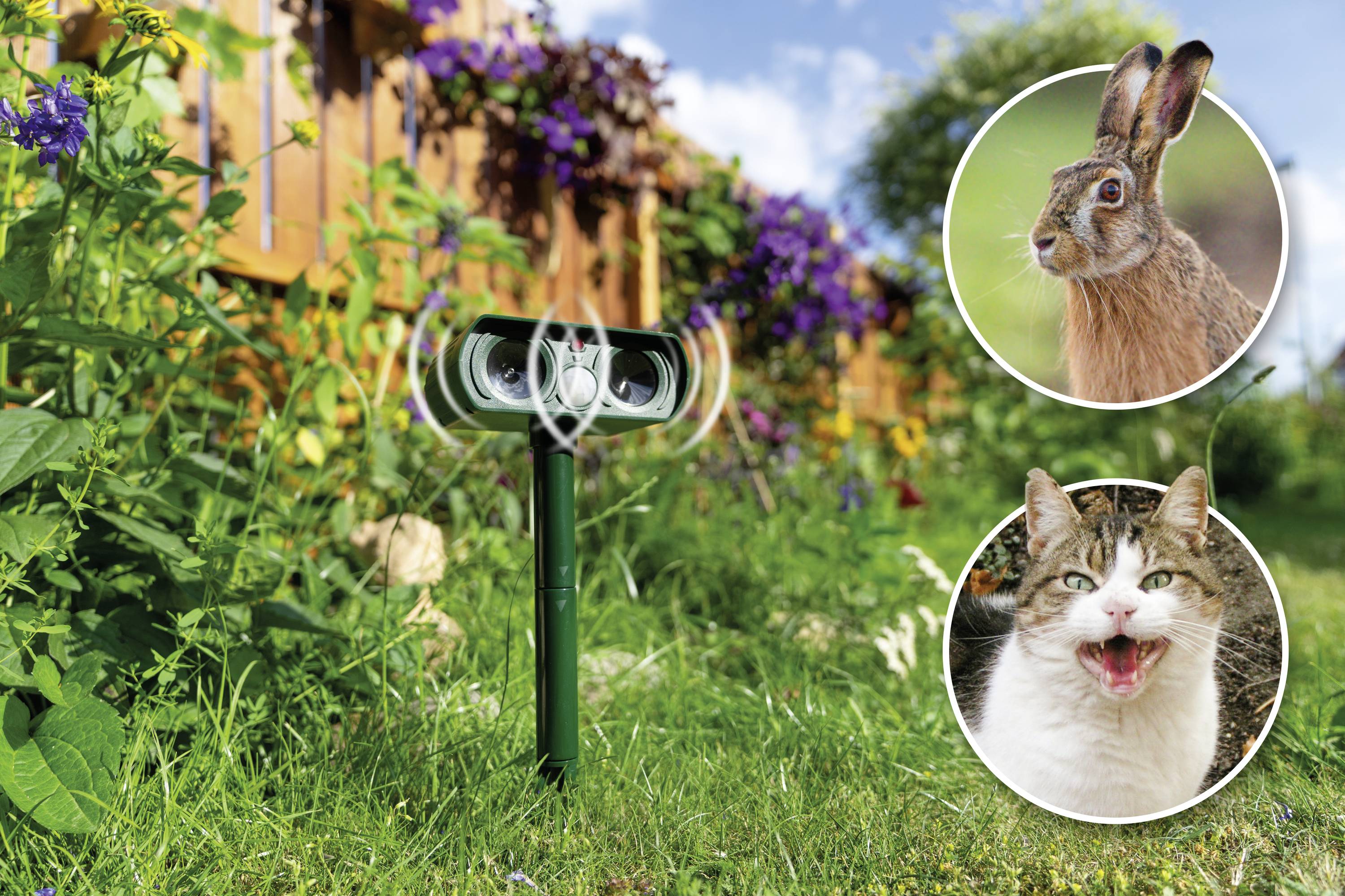 Een ultrasone dierenverjager in de tuin, met afbeeldingen van een konijn en een kat als doeldieren.