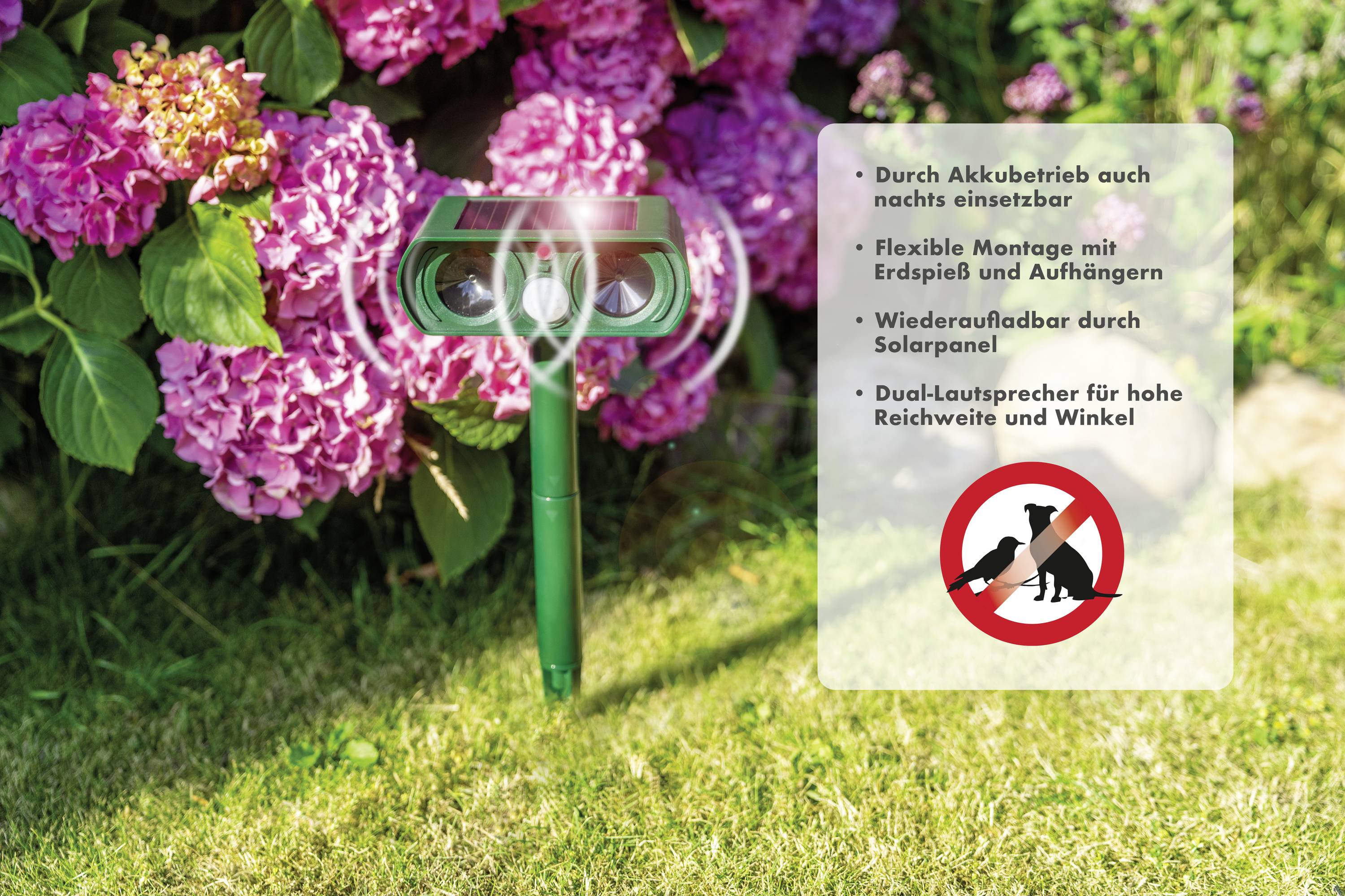 Een zonneënergiegevoed dierverjaagtoestel met twee speakers staat op een gazon voor bloeiende hortensia's. Tekst legt functies uit.