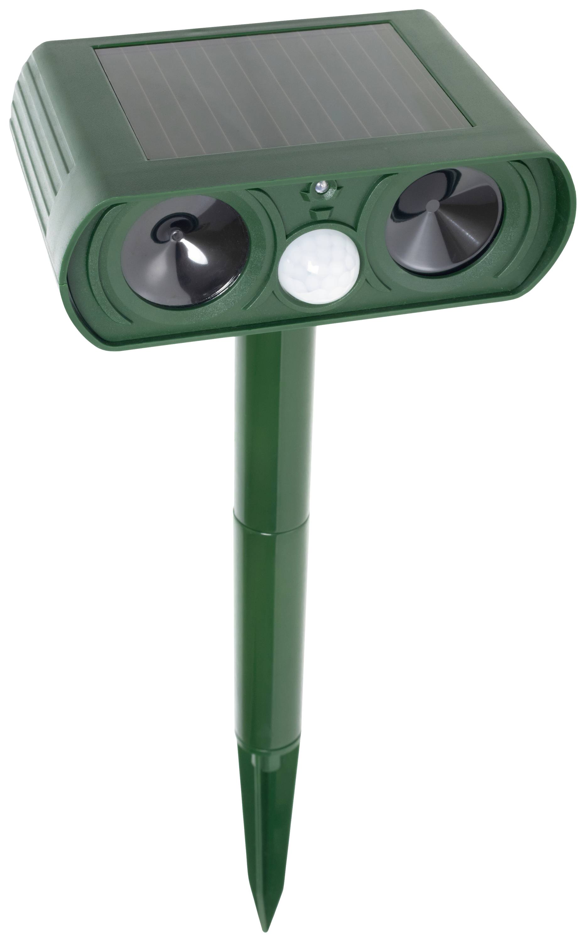 Groene zonne-aangedreven dierverjager met bewegingsmelder en ultrasone luidsprekers op een grondpen.