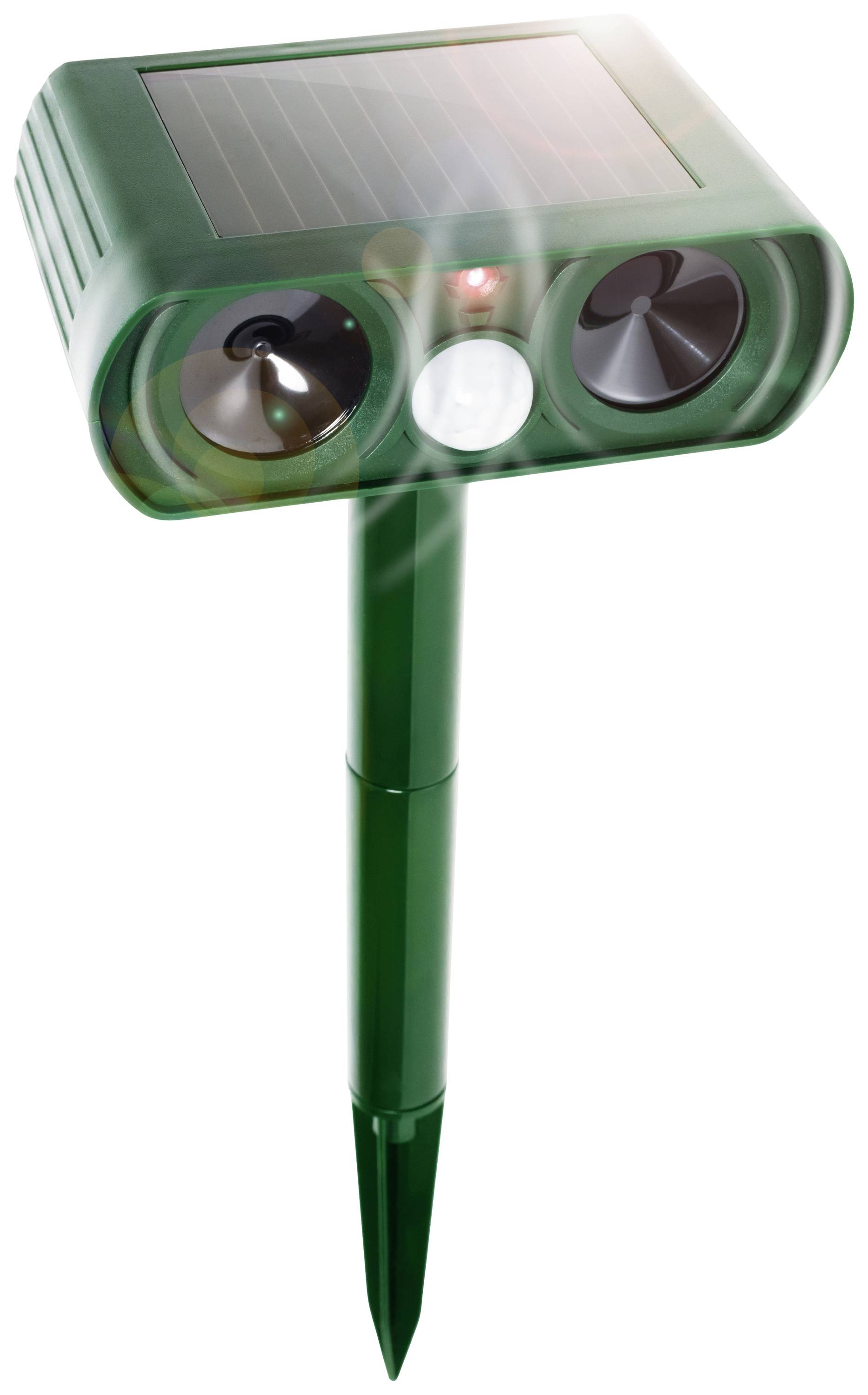 Zonnegedreven dierenverjager met grondpen, twee speakers en bewegingssensor, voor het weren van dieren uit de tuin.