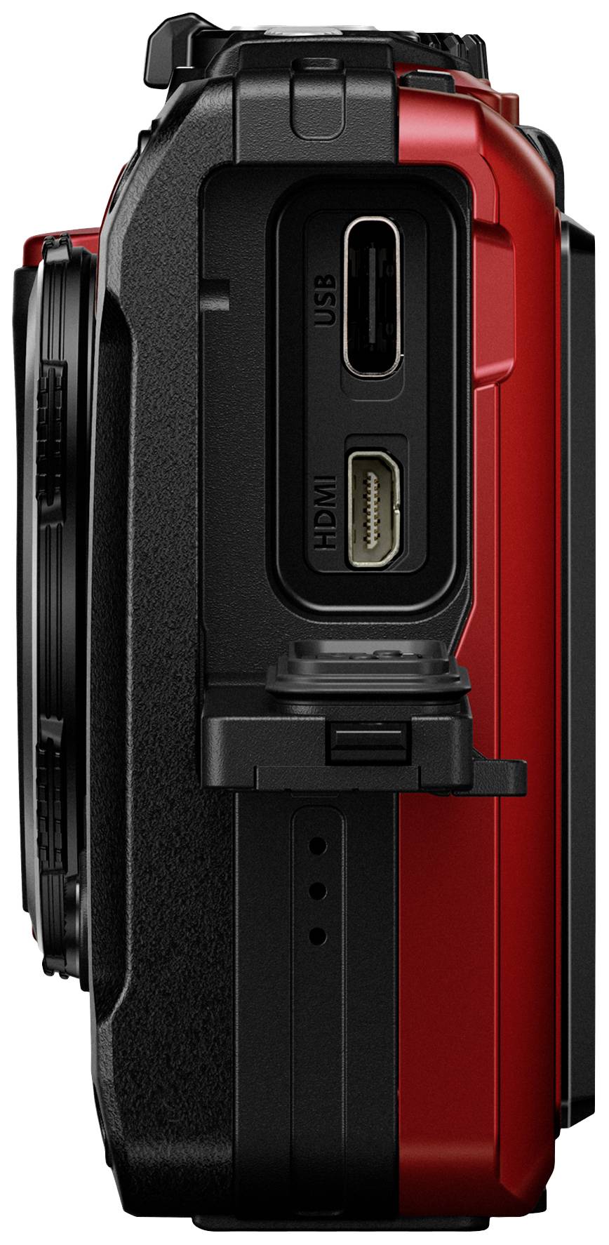 Zijaanzicht van een rode camera met USB- en HDMI-aansluitingen.