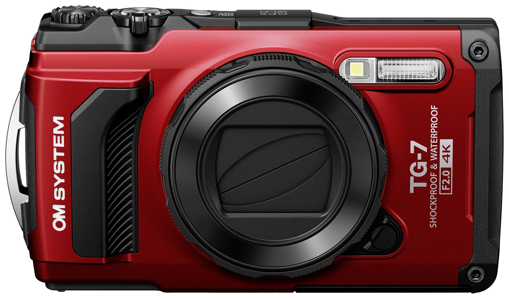 Rood-zwarte digitale camera, stof- en schokbestendig, met 4K-opnamefunctie, opschrift 'OM SYSTEM' en 'TG-7'.