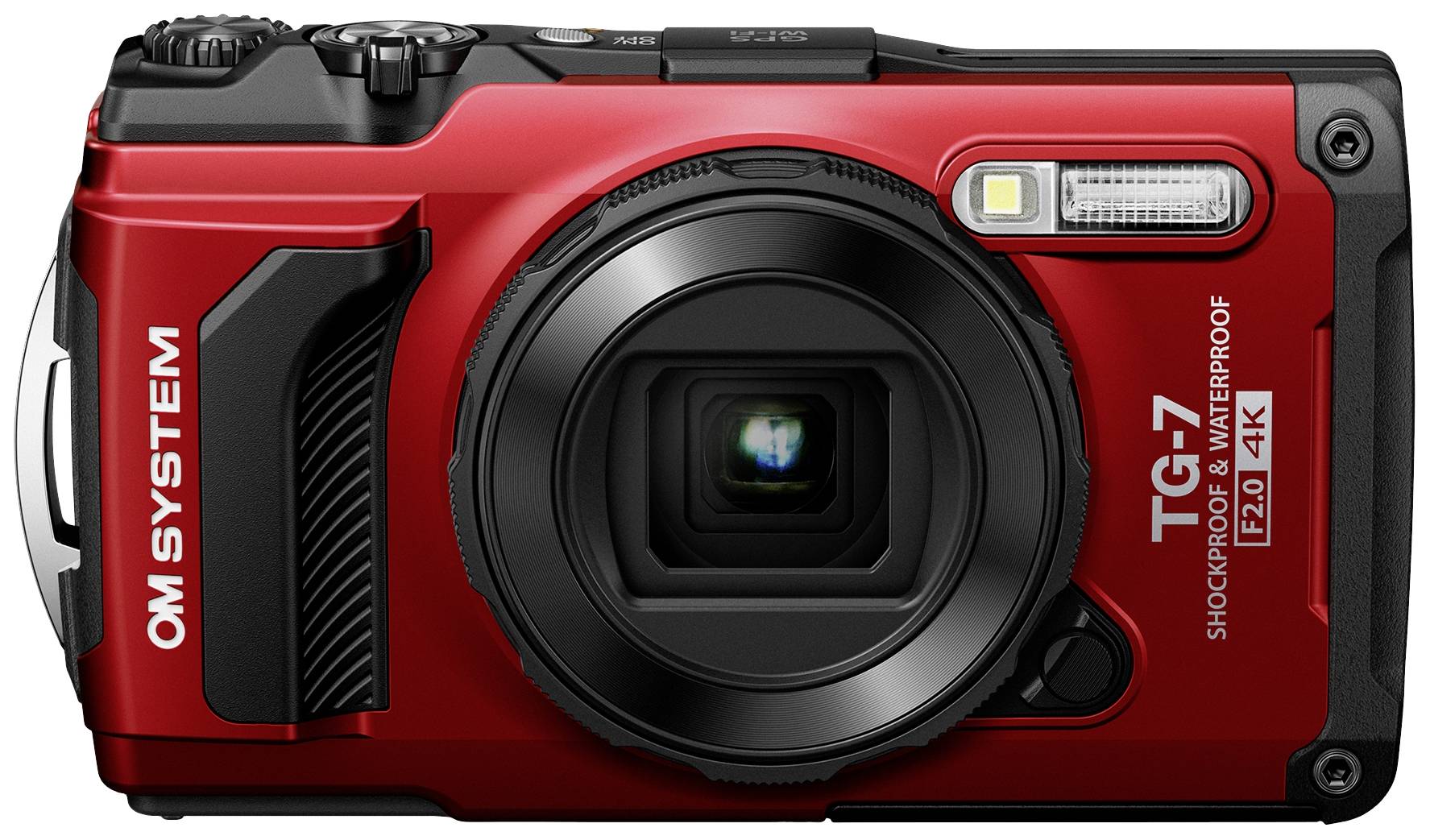 Een rode digitale camera 'OM System TG-7' met schok- en waterdicht behuizing, 4K-resolutie en f/2.0-diafragma.