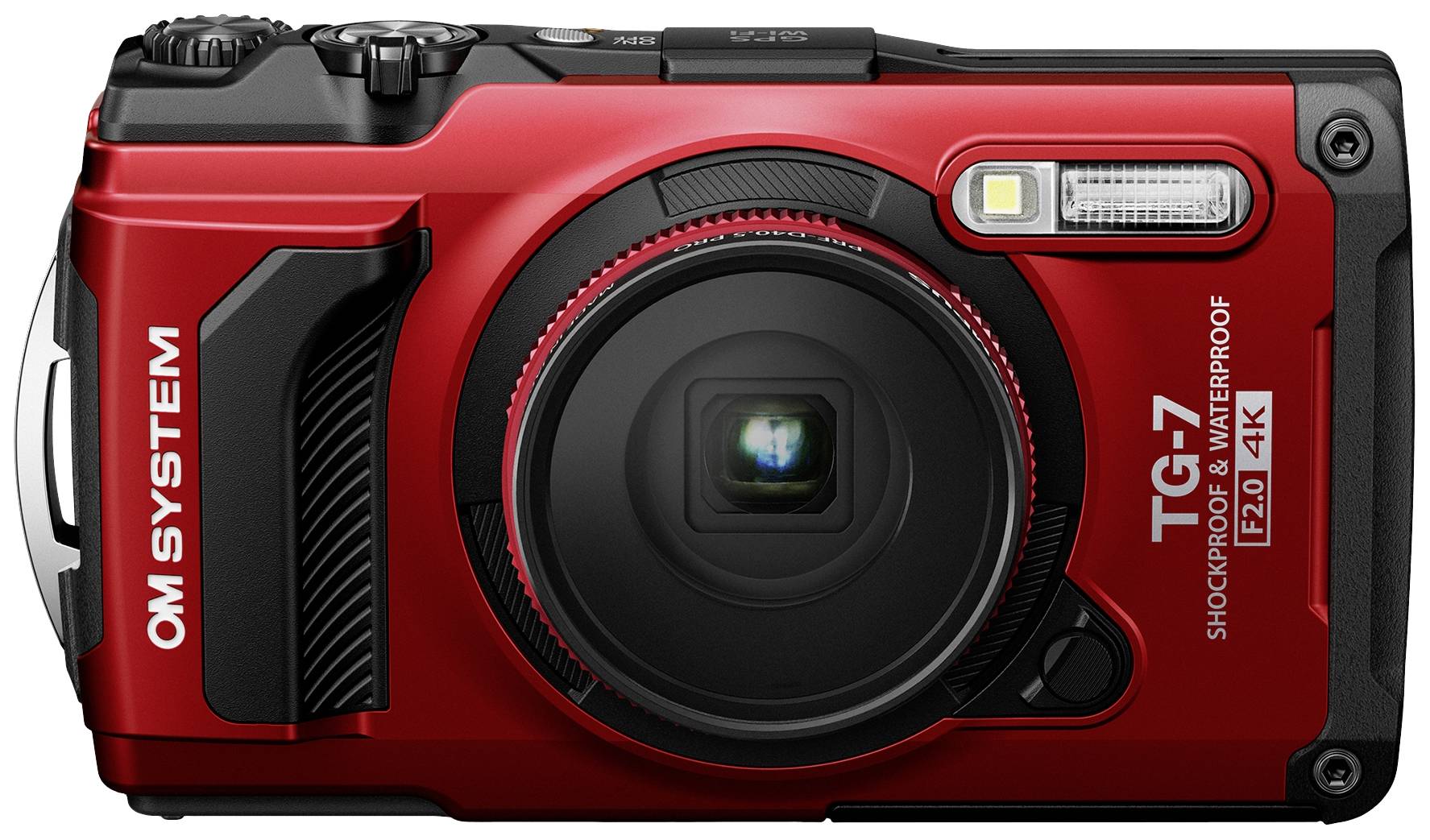 Rode digitale camera met lens in het midden, flitser rechtsboven en bedieningsknoppen aan de zijkant. Geschikt voor buitenfotografie.