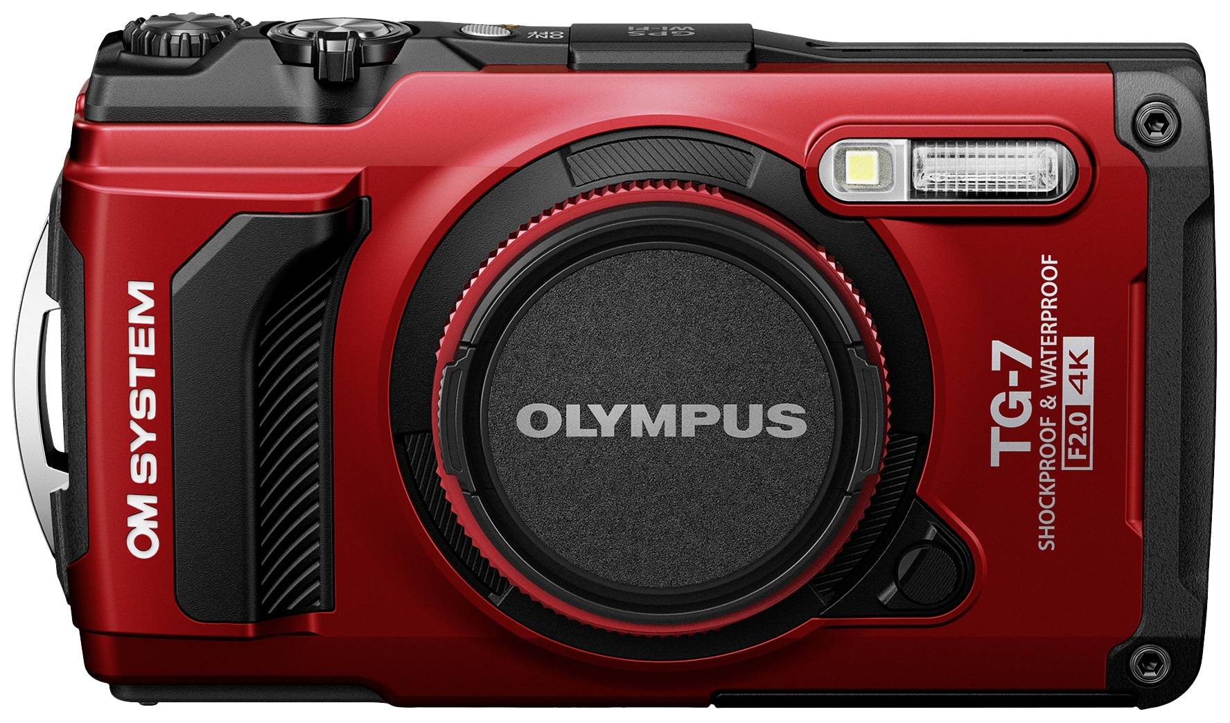 Rode outdoor-camera van OM SYSTEM, model TG-7, schokbestendig en waterdicht, met 4K-video-opname. Belangrijkste bedieningselementen zijn zichtbaar.