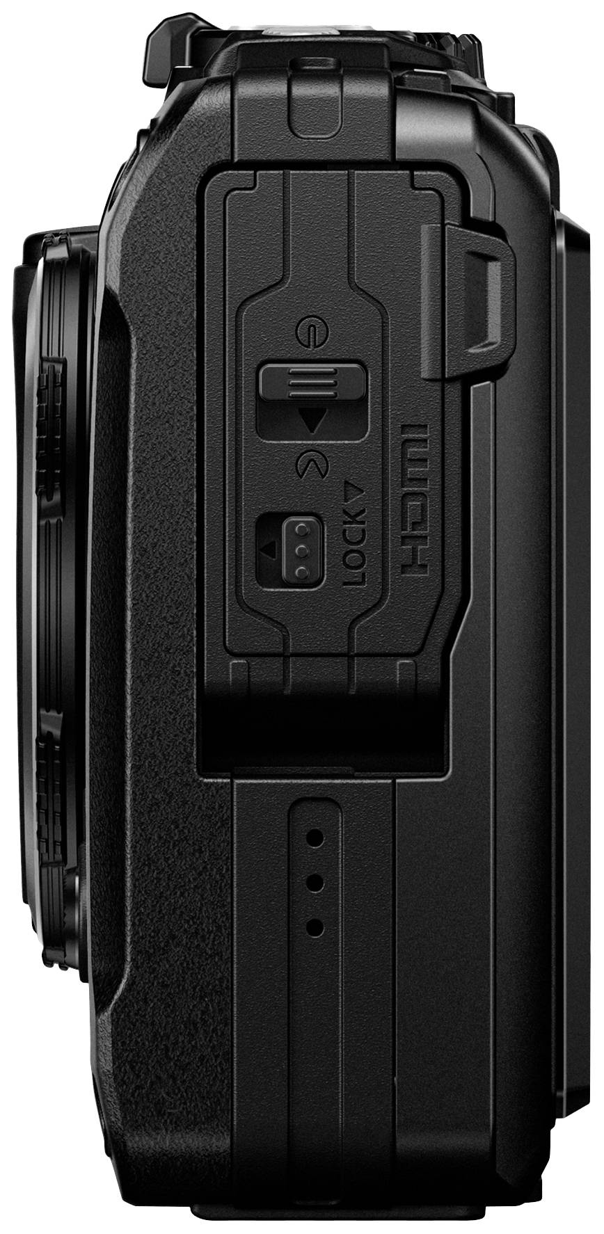 Digitale camera, zijaanzicht, met HDMI-aansluiting en vergrendelingsschakelaar. Strak zwart design.