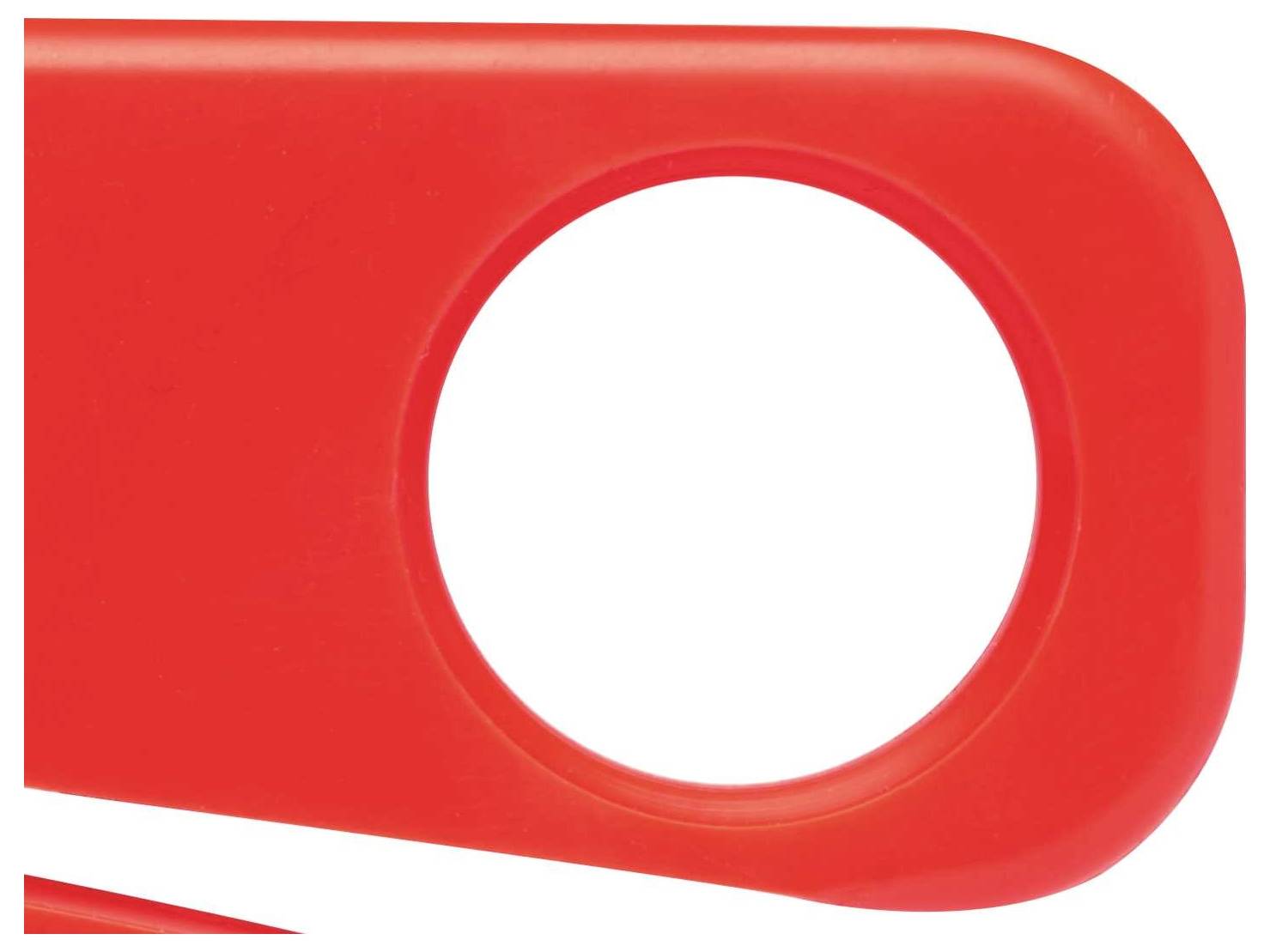 Rood plastic onderdeel met een ronde opening rechtsboven, waarschijnlijk deel van een keukengerei of meetinstrument.